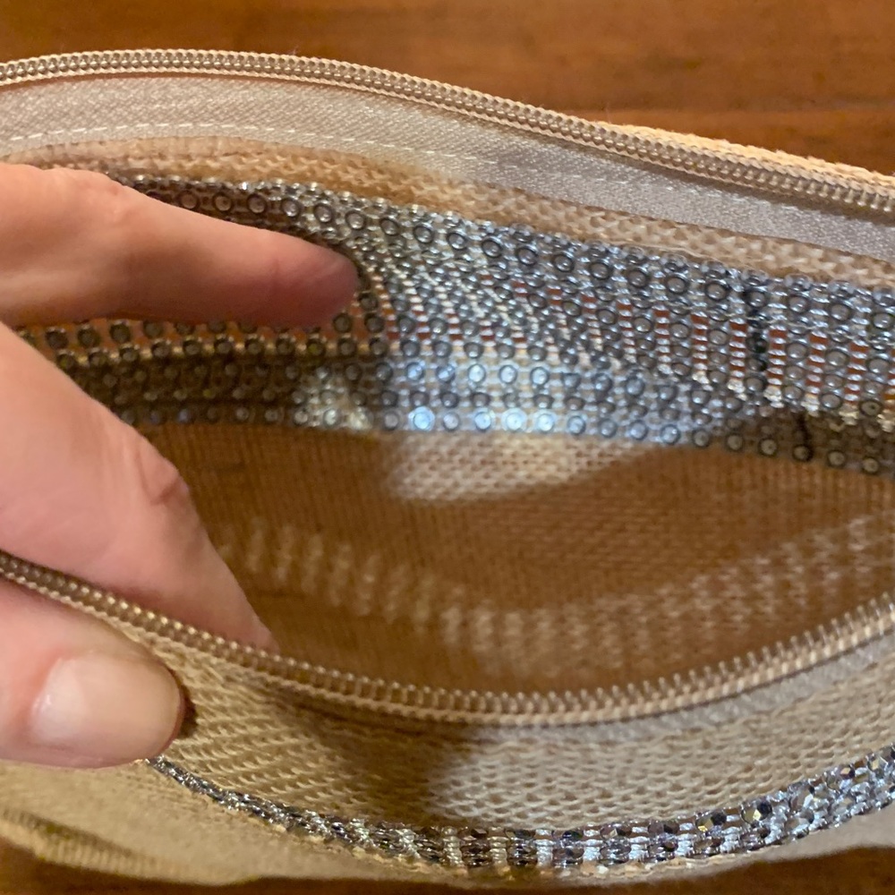 Elegant Tan Clutch with Silver Accent and crystals, real linen, brand new,must❤️ - Picture 5 of 10